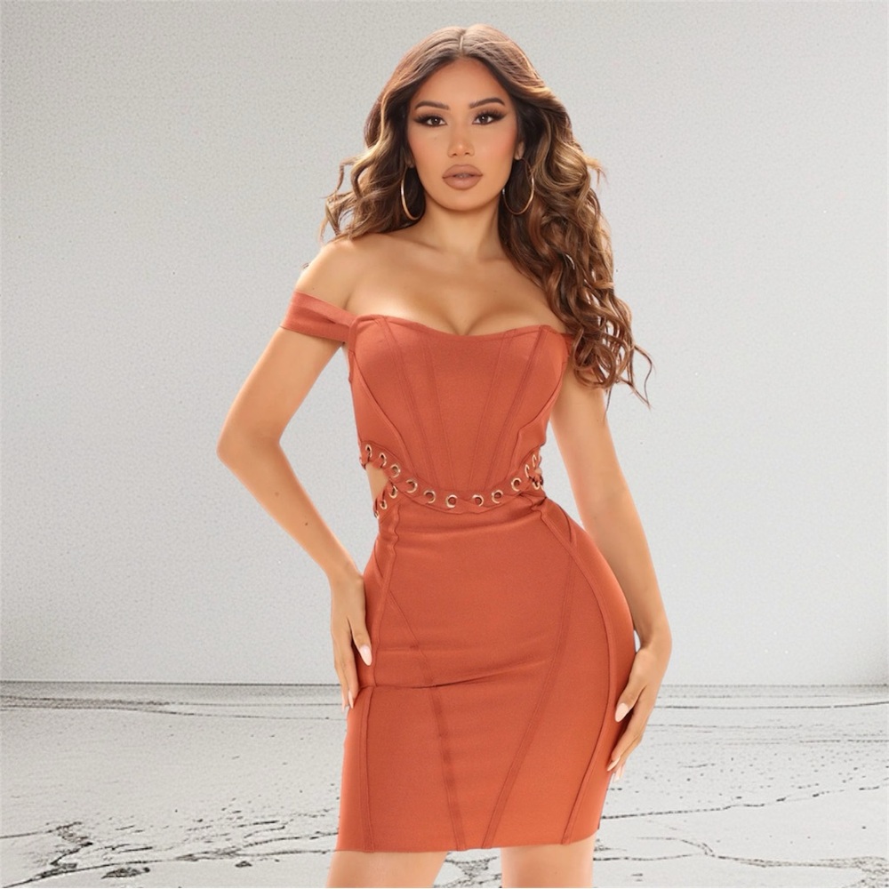 Fashion Nova Yasmyn Bandage Mini Dress Rust Two-Piece Set Corset Top Skirt Size